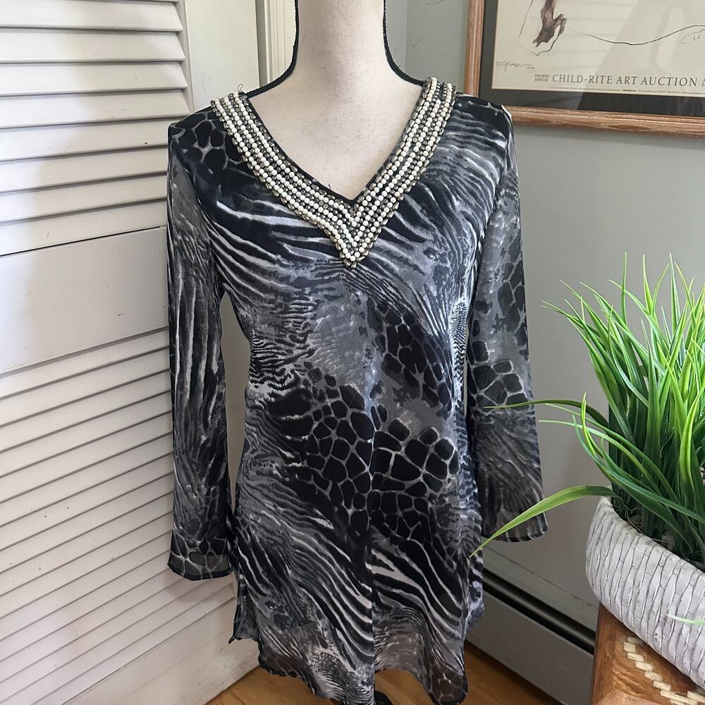Vintage EY Signature Tunic Womens Medium Black Beaded Chiffon Retro Artsy Boho